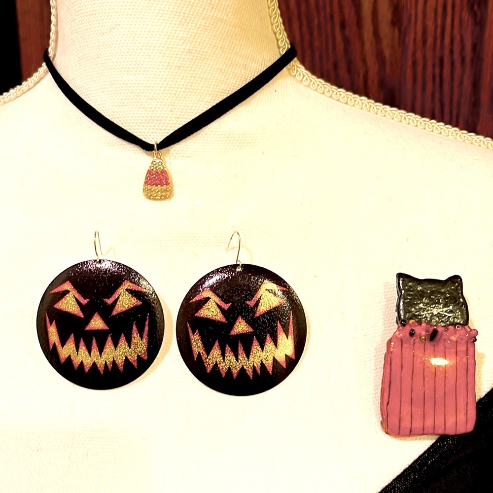 Candy Corn pendant on velvet choker, pumpkin metal earrings and black cat pin